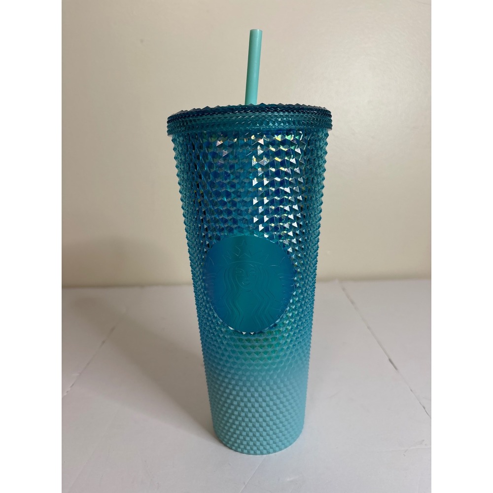 Starbucks Teal Blue Iridescent‎ Studded Venti Cold Cup Tumbler 24oz with Straw